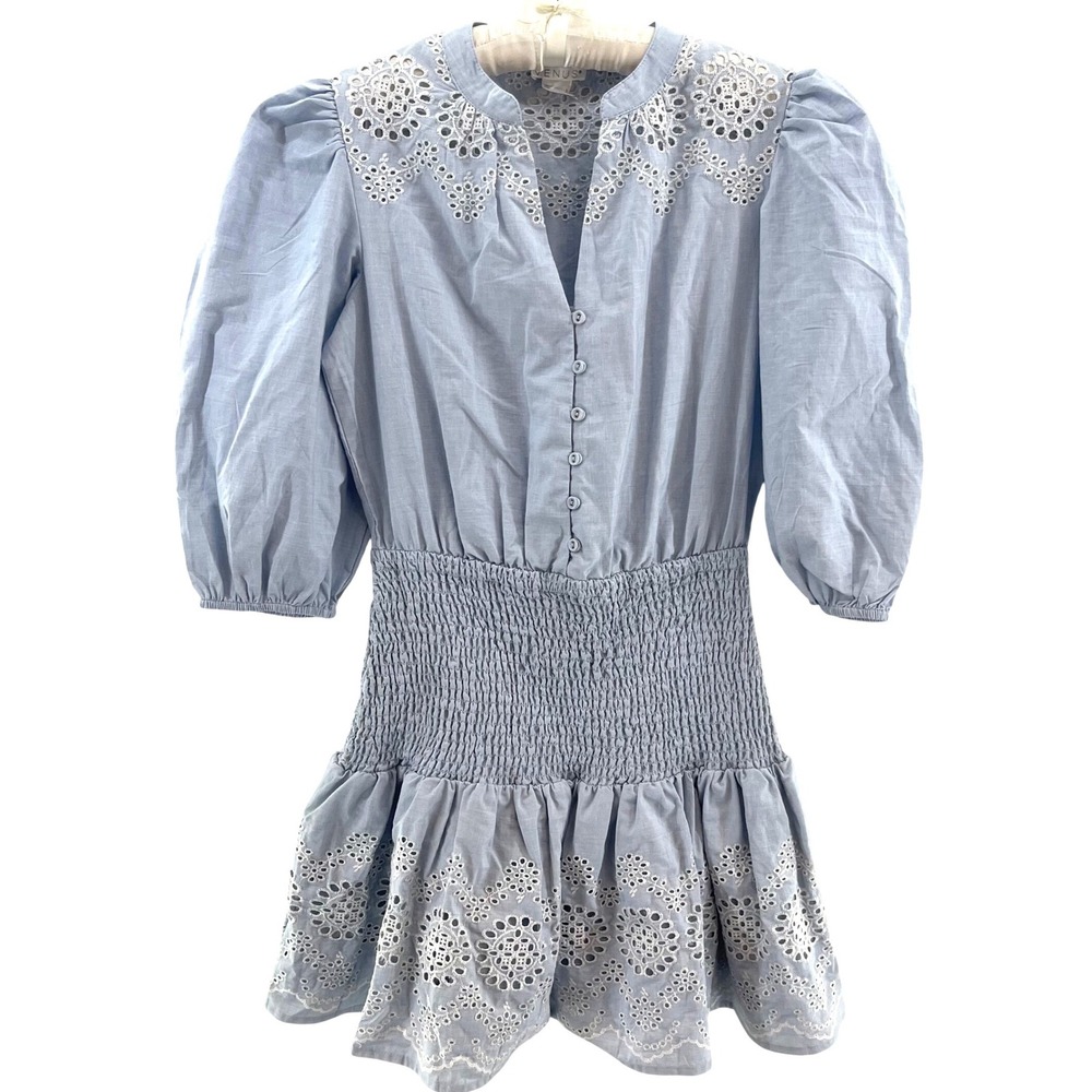 Venus Drop Waist Mini Dress Womens M Blue Smocked Puff Eyelet Coquette Cottage